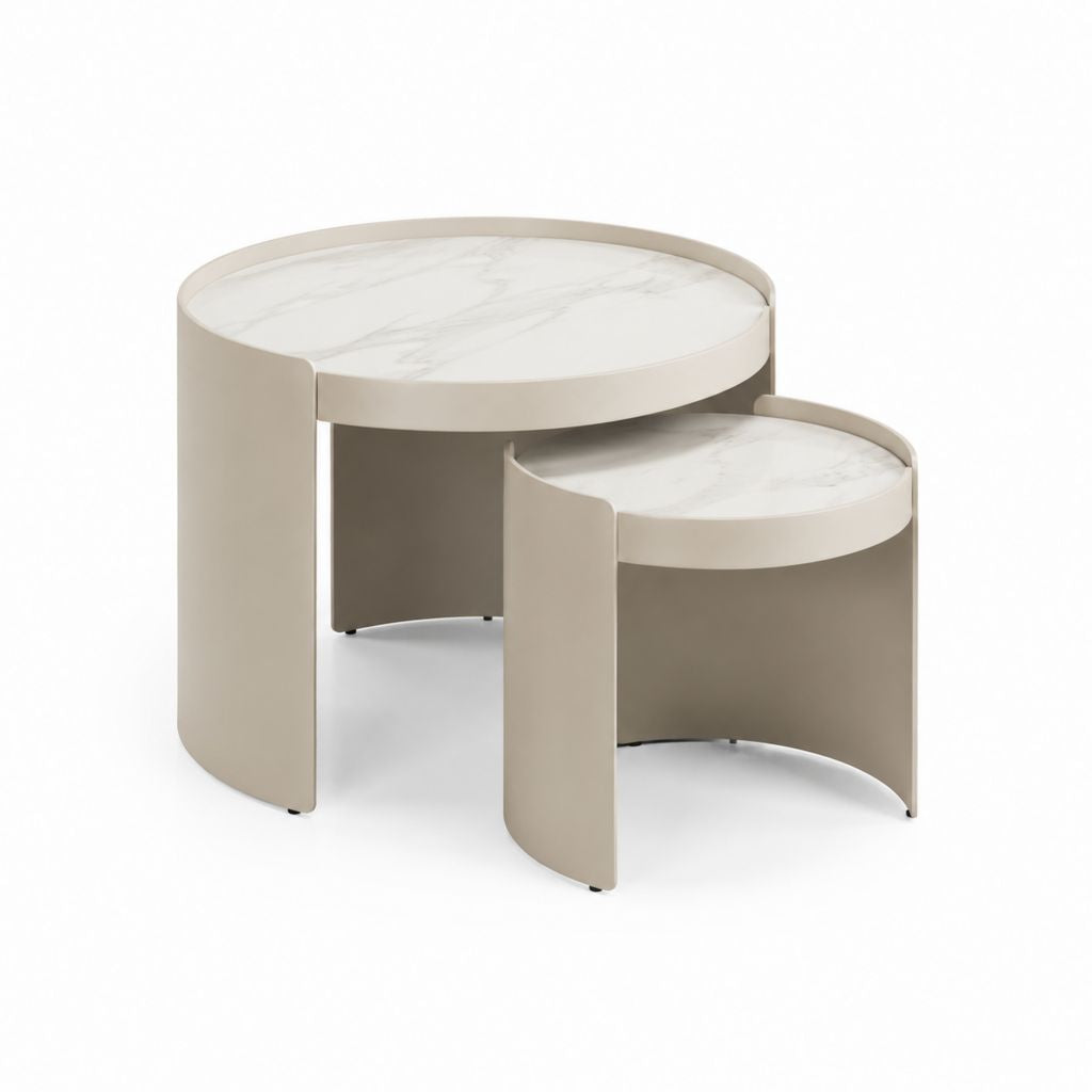 Set di 2 tavolini da caffè rotondi beige in MDF con piano effetto marmo 80 x 80 x 45 cm e 60 x 60 x 35 cm
