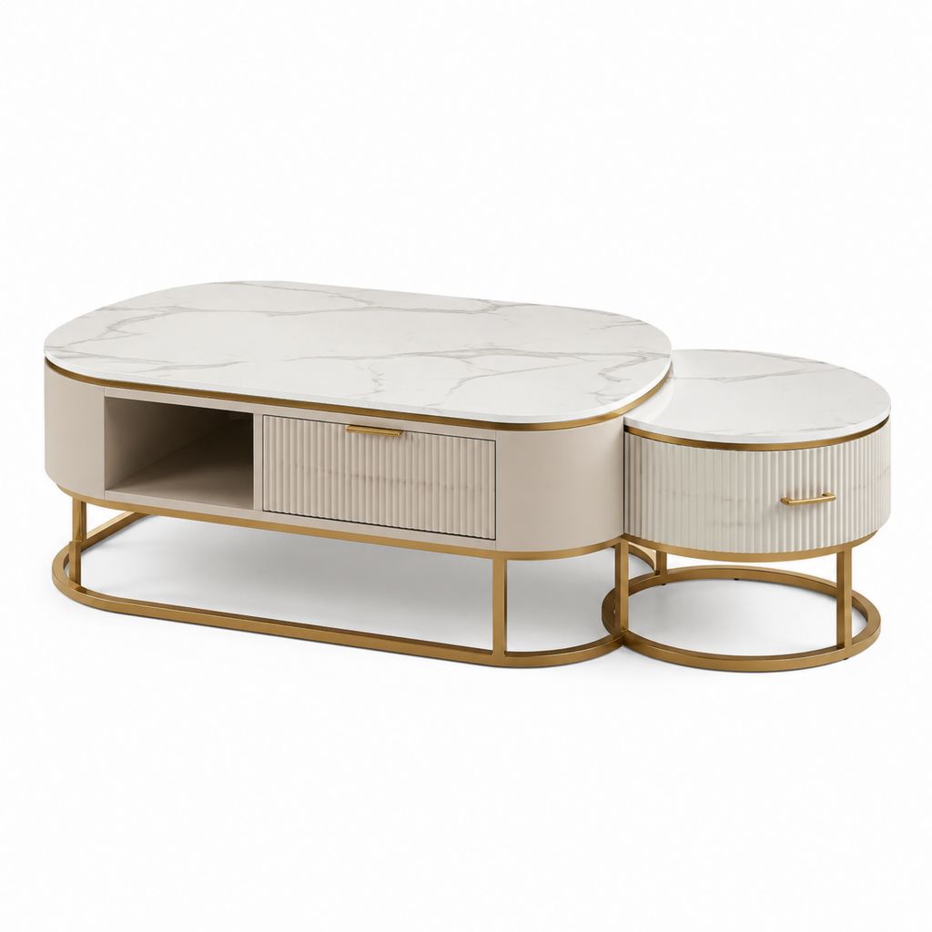 Set 2 tavolini da caffè bianco e oro in MDF e pietra sinterizzata ovale 130 x 70 x 42 cm e rotondo 60 x 60 x 50 cm