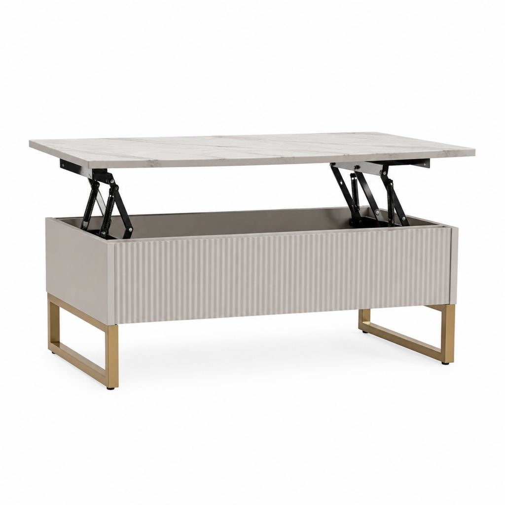 Tavolino da caffè rettangolare con piano sollevabile e vano contenitore tortora bianco effetto marmo MDF acciaio 100 x 50 x 45 cm