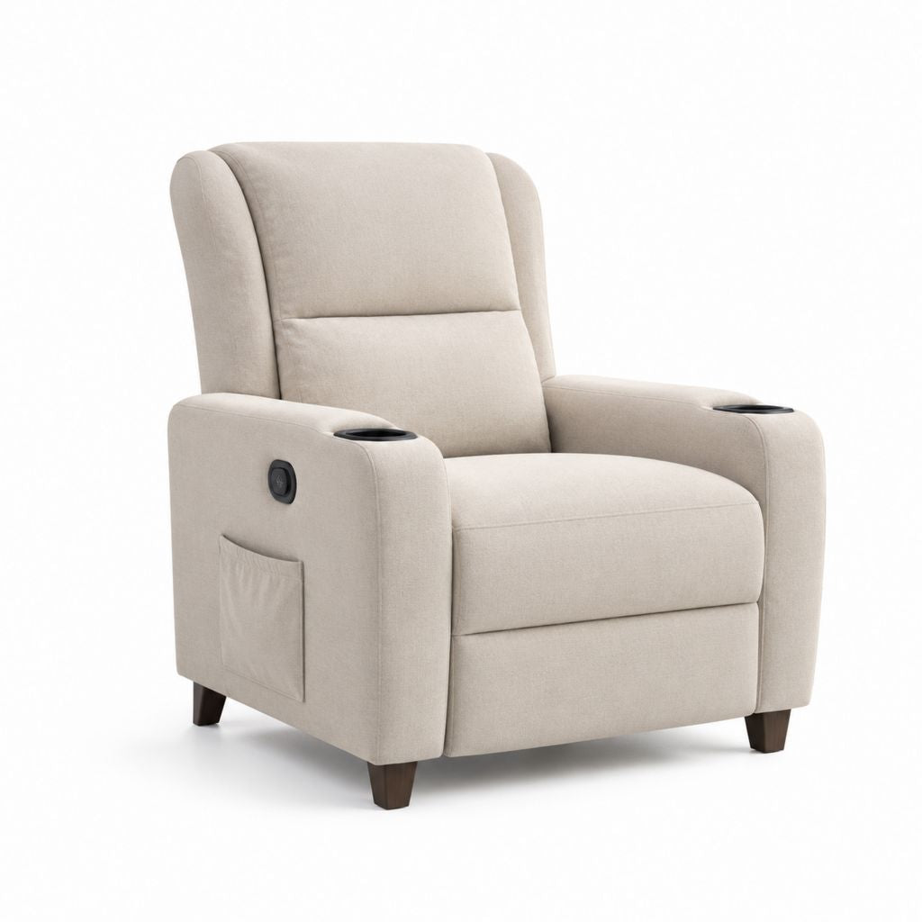 Poltrona reclinabile beige in poliestere con 2 portabicchieri e tasca laterale 90 x 92 x 103 cm