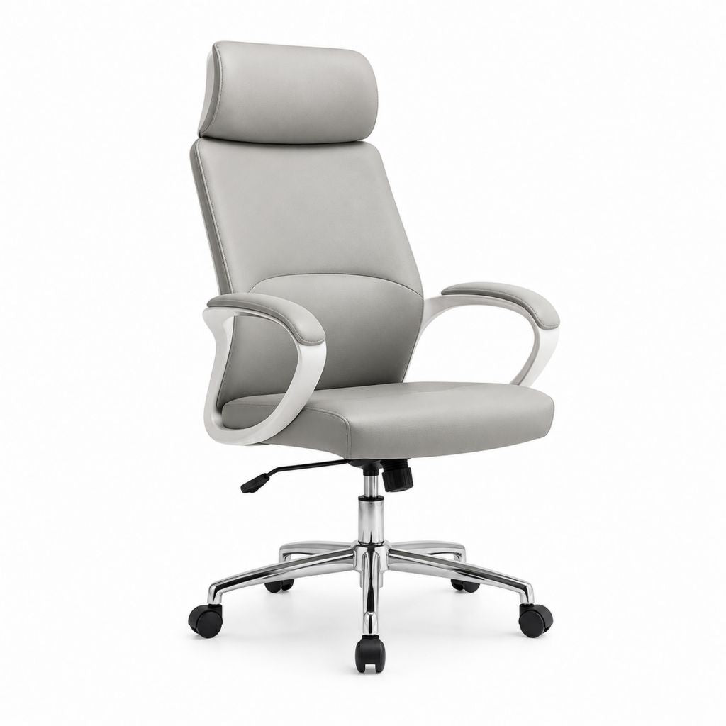 Sedia da ufficio direzionale grigia in pelle PU con poggiatesta e ruote 65 x 65 x 114-124 cm