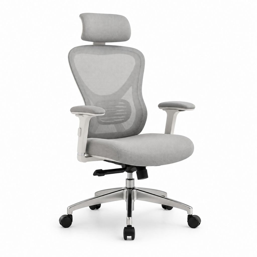Sedia da ufficio ergonomica grigia in rete di poliestere con poggiatesta braccioli regolabili e schienale alto 68 x 68 x 119-129 cm