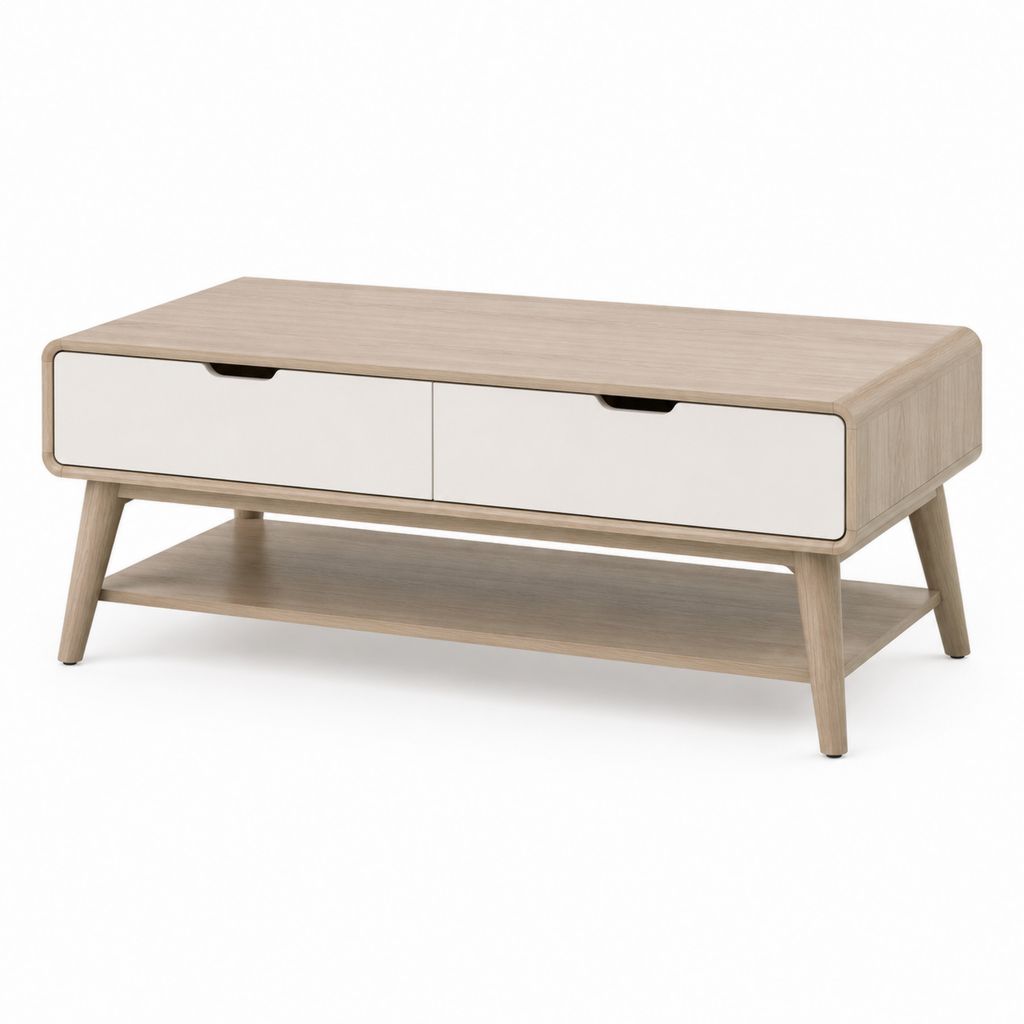 Tavolino da caffè rettangolare rovere chiaro e bianco in MDF impiallacciato 100 x 50 x 45 cm con 2 cassetti e ripiano