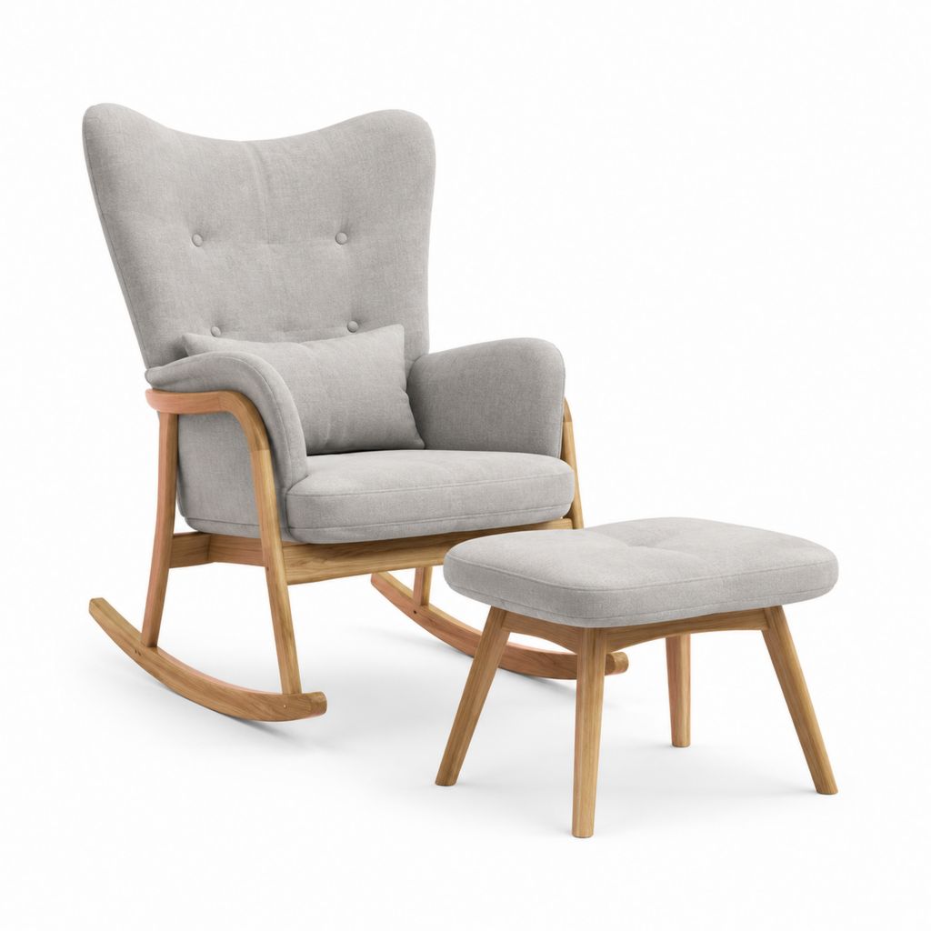 Sedia a dondolo con poggiapiedi set grigio in poliestere e legno massello con schienale alto sagomato 72 x 90 x 105 cm