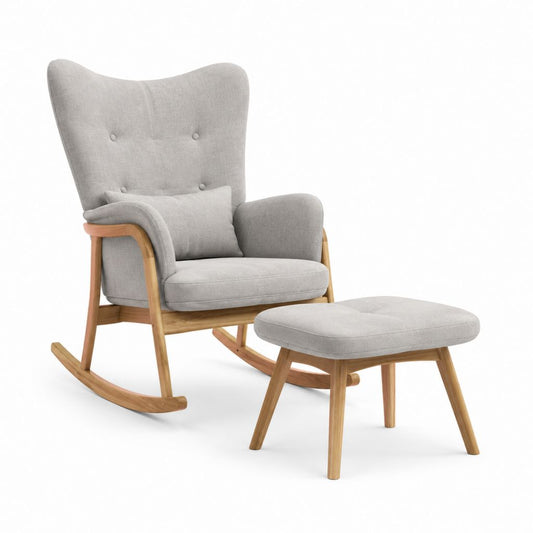 Sedia a dondolo con poggiapiedi set grigio in poliestere e legno massello con schienale alto sagomato 72 x 90 x 105 cm