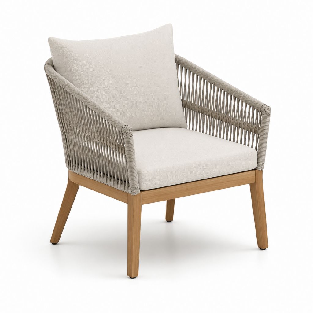 Poltrona da giardino con braccioli beige in teak massello e corda in polipropilene 72 x 75 x 82 cm