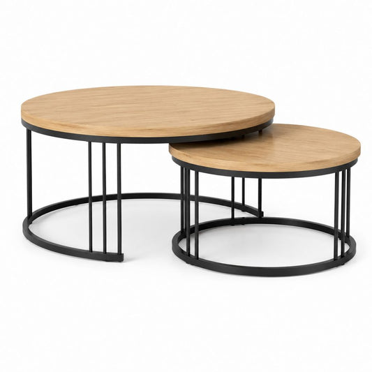 Set di 2 tavolini da caffè rotondi rovere naturale e acciaio nero Ø80 x 45 cm Ø60 x 35 cm