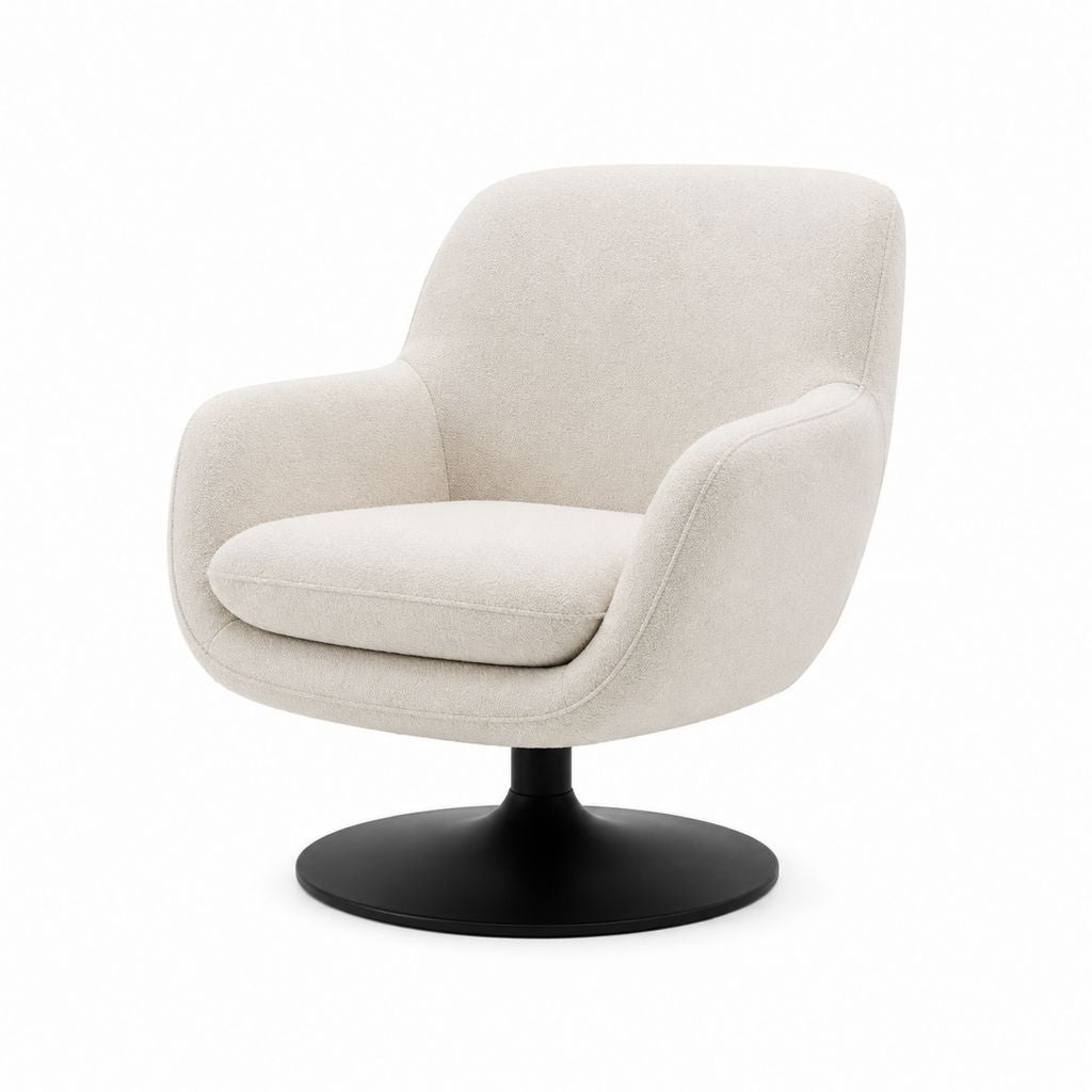 Poltrona girevole da soggiorno beige in poliestere bouclé con base rotonda in acciaio 76 x 78 x 86 cm