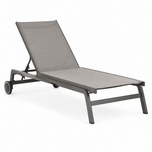 Lettino prendisole reclinabile grigio in alluminio e textilene 190 x 65 x 30 cm con ruote