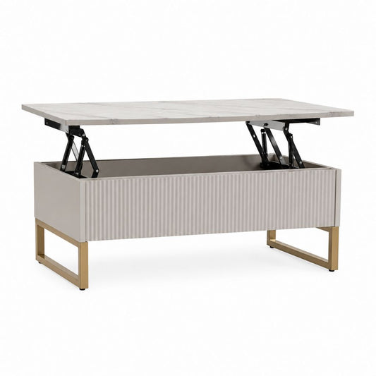 Tavolino da caffè rettangolare con piano sollevabile e vano contenitore tortora bianco effetto marmo MDF acciaio 100 x 50 x 45 cm