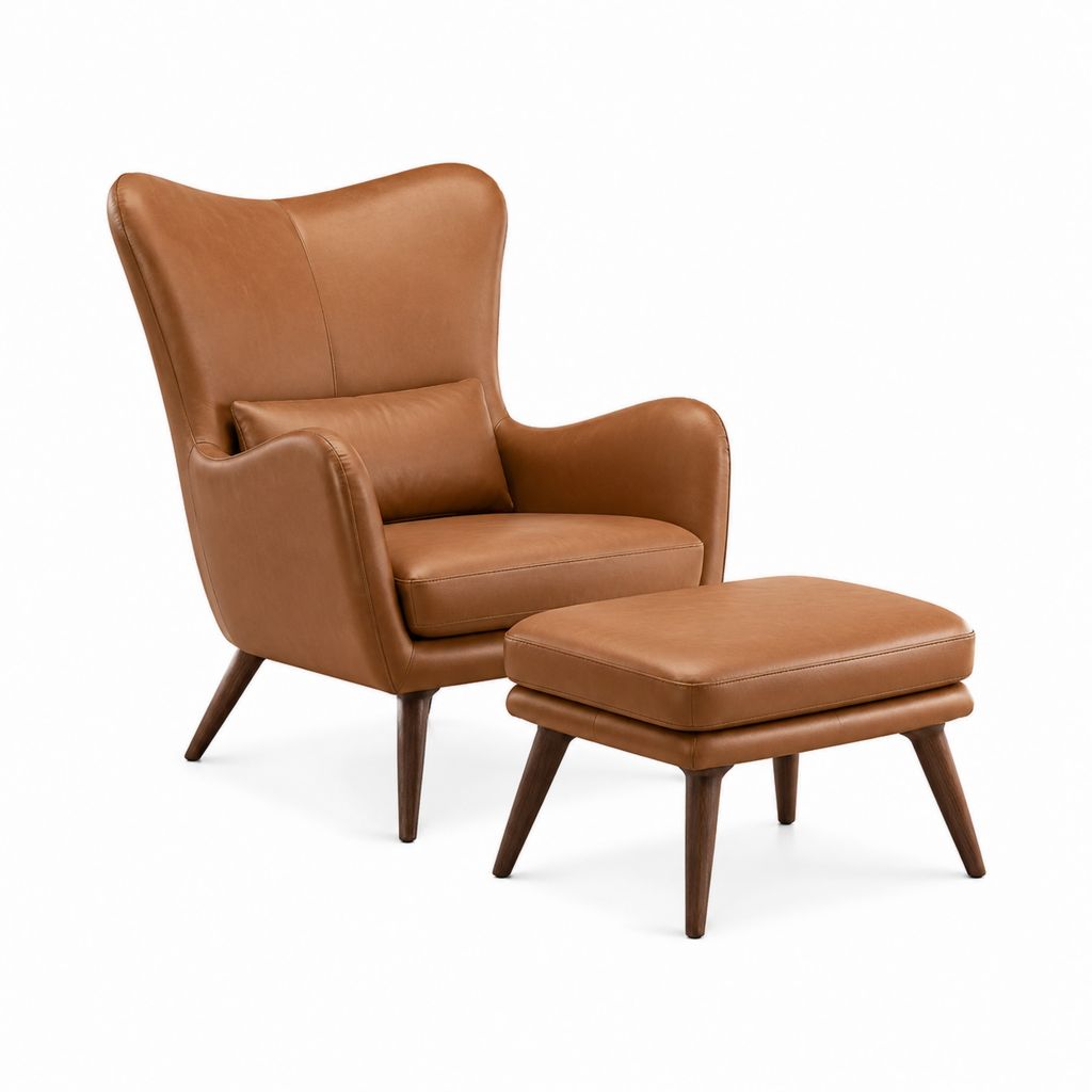 Set poltrona con poggiapiedi marrone in pelle PU con gambe in legno massello 78 x 88 x 103 cm