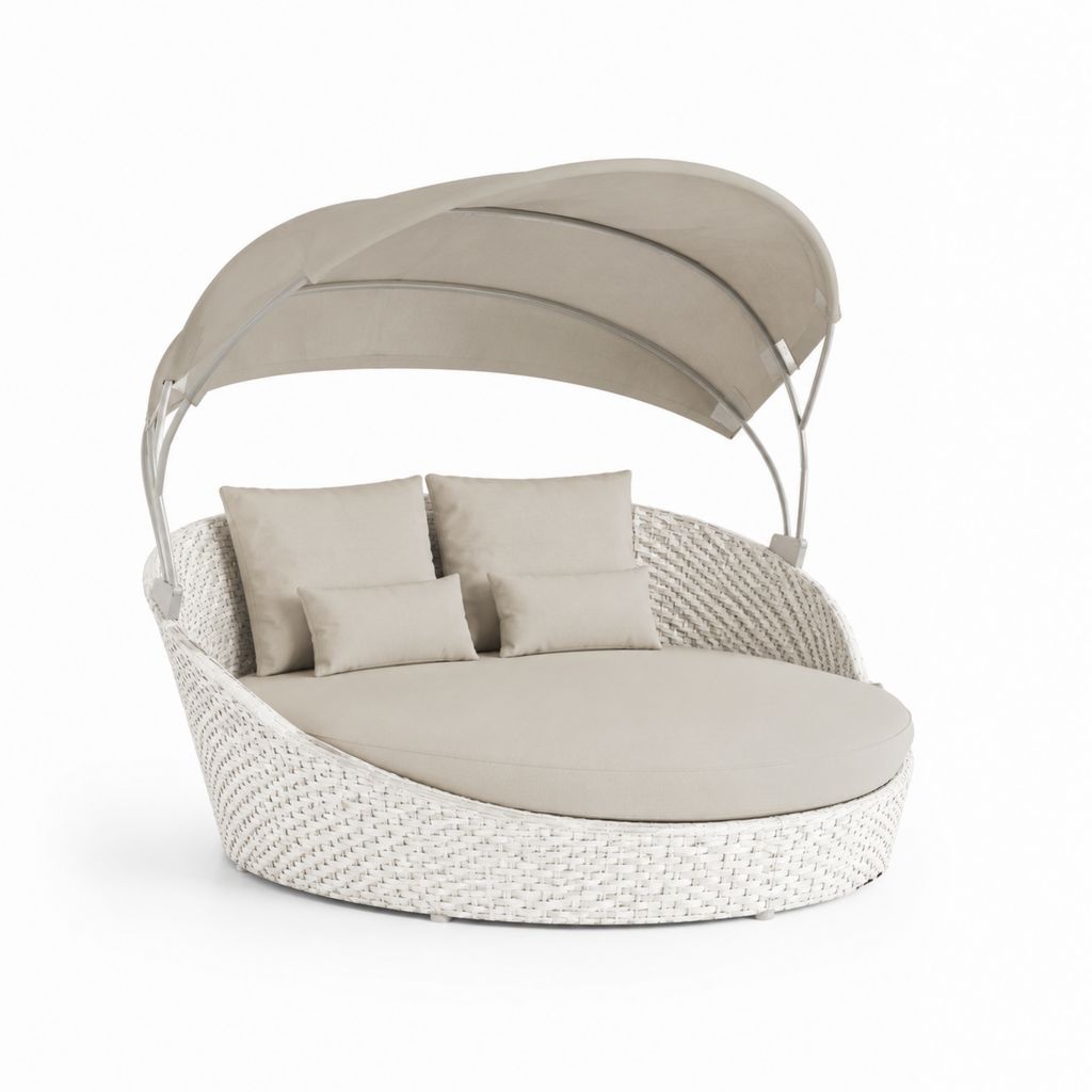 Letto prendisole da giardino rotondo con tettuccio beige in rattan PE e alluminio 200 x 180 x 200 cm