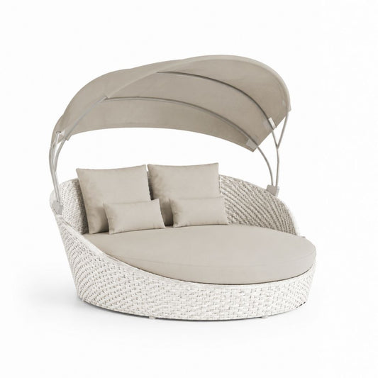 Letto prendisole da giardino rotondo con tettuccio beige in rattan PE e alluminio 200 x 180 x 200 cm