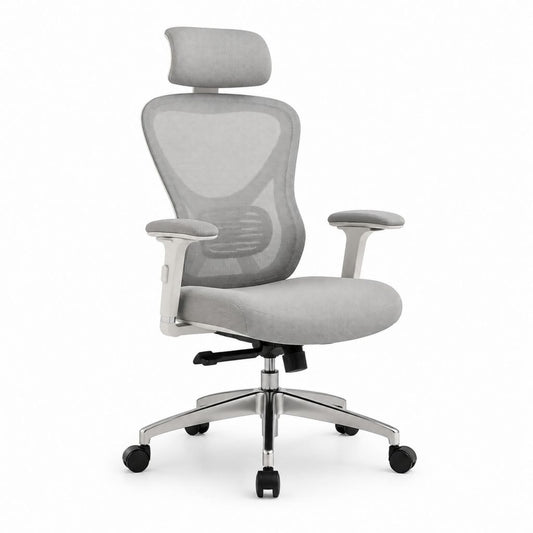Sedia da ufficio ergonomica grigia in rete di poliestere con poggiatesta braccioli regolabili e schienale alto 68 x 68 x 119-129 cm