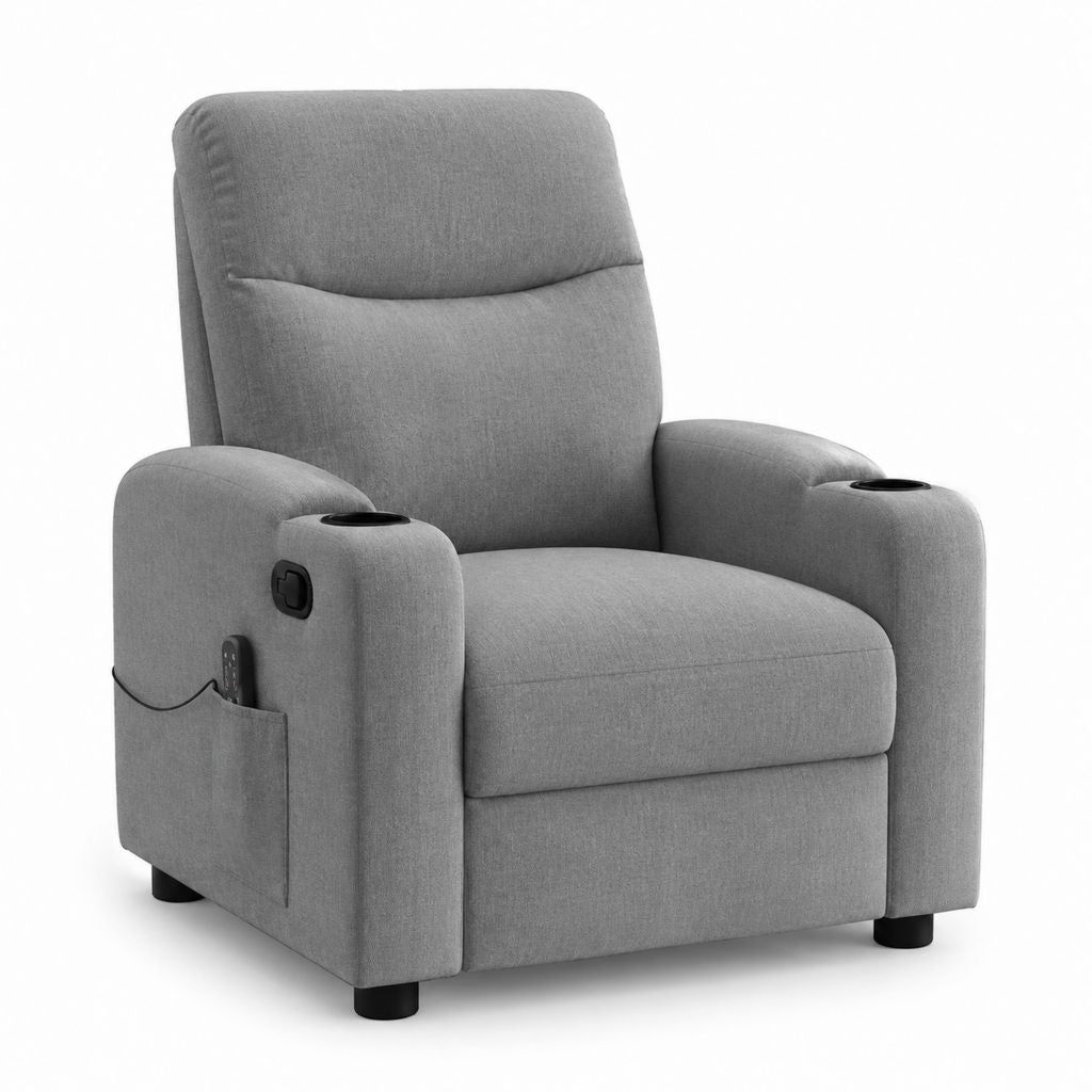 Poltrona reclinabile elettrica grigia in poliestere con portabicchieri e tasca laterale 90 x 92 x 104 cm
