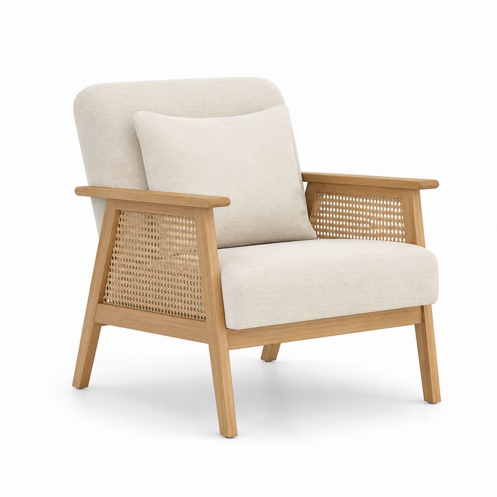 Poltrona da soggiorno beige in poliestere e legno massello con inserti in rattan 72 x 77 x 85 cm