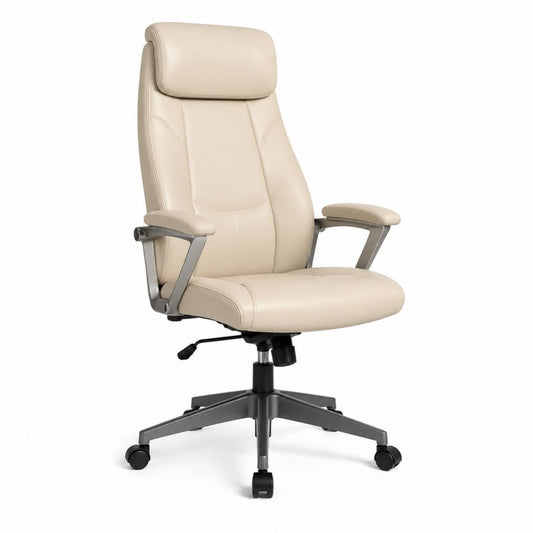 Sedia da ufficio direzionale beige in pelle sintetica PU con schienale alto e ruote 65 x 65 x 118-128 cm