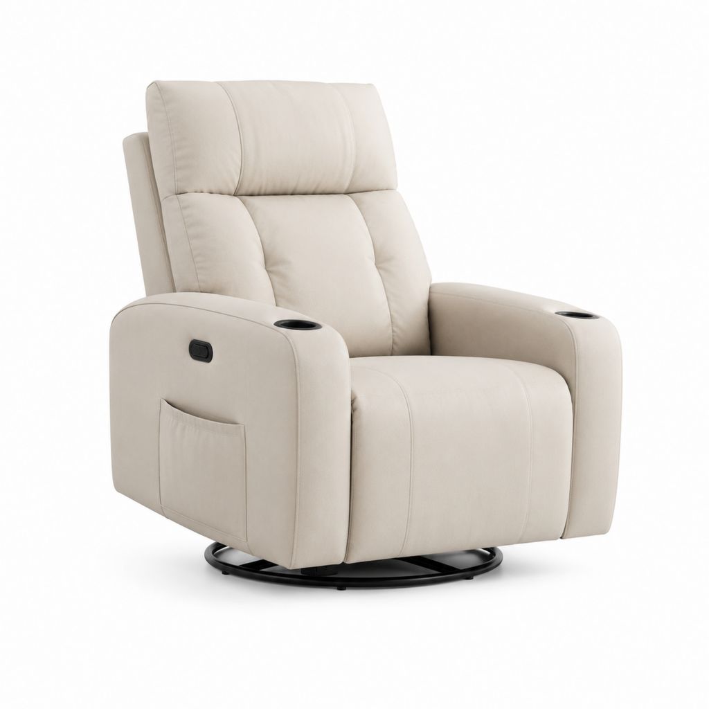 Poltrona reclinabile girevole beige in pelle PU con portabicchieri 88 x 94 x 104 cm