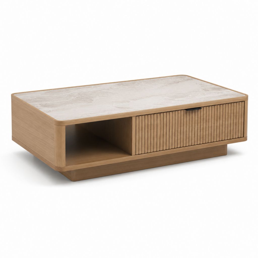 Tavolino da caffè rettangolare rovere e ceramica effetto marmo con anta scorrevole 120 x 60 x 40 cm