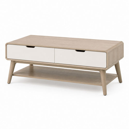 Tavolino da caffè rettangolare rovere chiaro e bianco in MDF impiallacciato 100 x 50 x 45 cm con 2 cassetti e ripiano