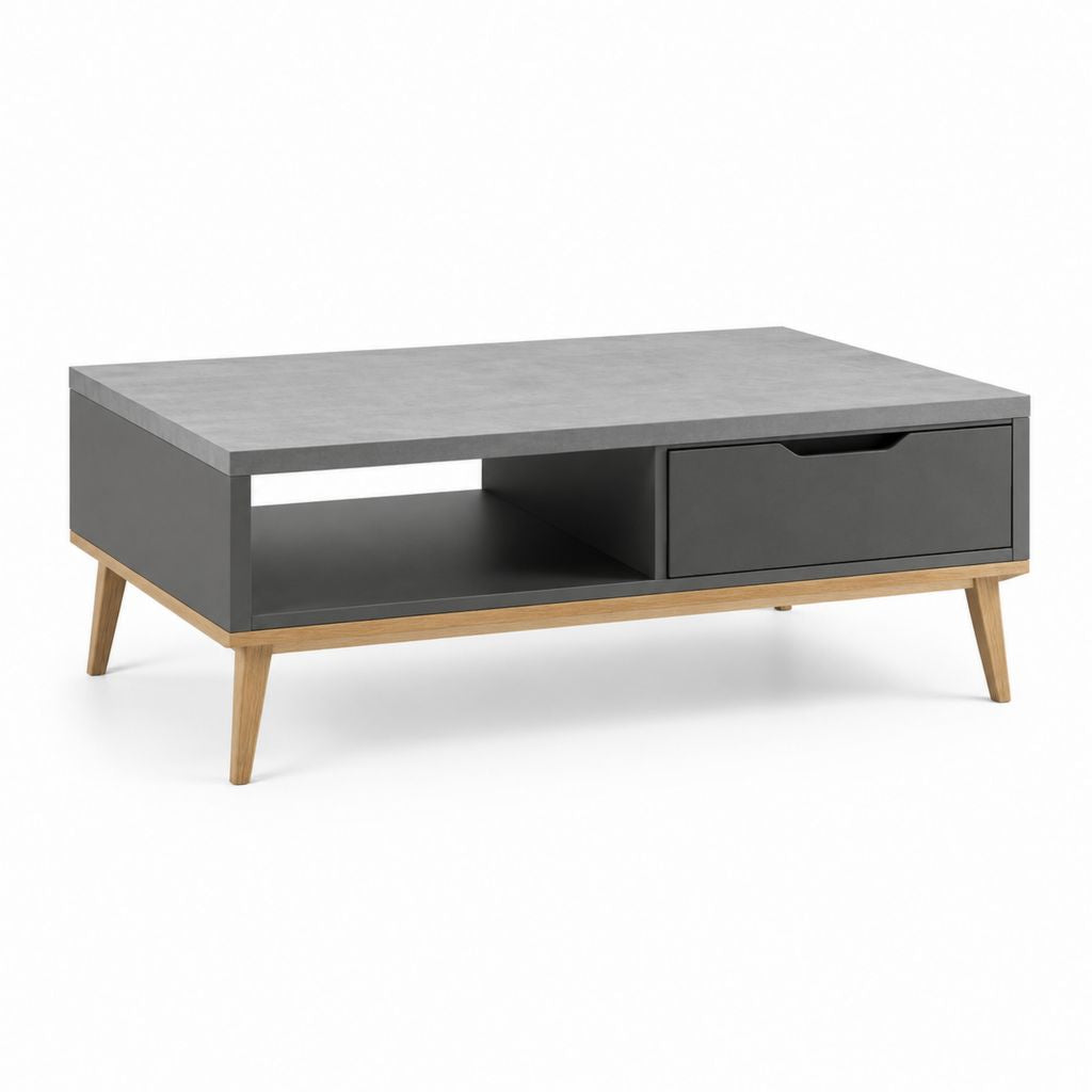 Tavolino da caffè grigio in MDF e legno massello rettangolare 100 x 60 x 45 cm con cassetto